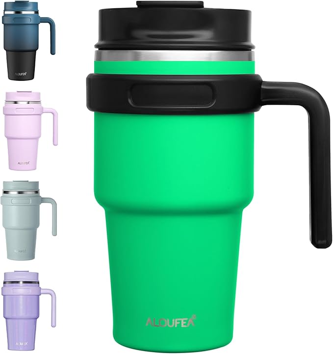 ALOUFEA 20 oz Insulated Coffee Mug Tumbler with Handle, Stainless Steel Travel Mug Tumbler with Lid and Straw,Double Wall Vacuum Leak Proof Ice Coffee Thermal Cup, Meadow