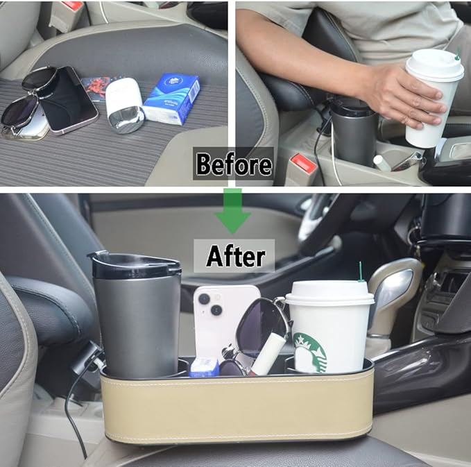 Car Cup Holder Expander Organizer,Multifunctional Cup Drink Holders with PU Leather Cover,Side Insert Center Console Seat Gap Filler Storage Box for Mug Bottle CellPhones Keys Coffee Coasters Cards