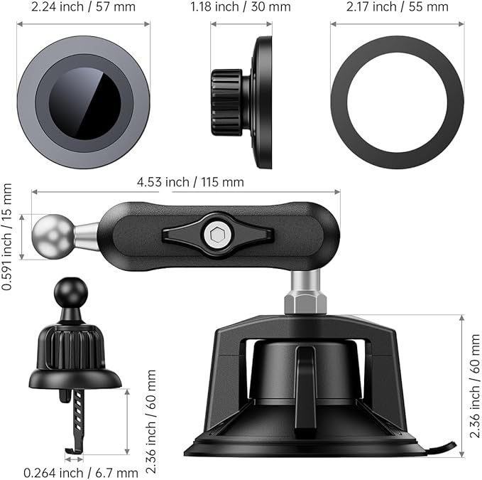 Magnetic Car Phone Holder [3-in-1] for Dashboard, Windshield & Vent, with Strong Suction Cup, Adjustable Metal Arm & 360° Rotation, Universal Phone Mount for All Cell Phones