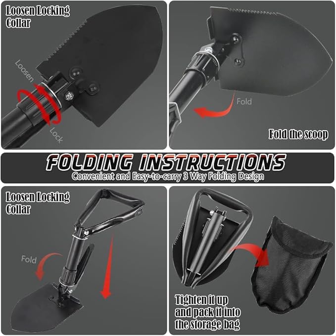 Camping Shovel Set, 3-in-1 Ultra-Light Aluminum Mini Shovel & 18.5'' Folding High Carbon Steel Shovel Ideal for Gardening, Hiking, Camping, Backpacking, Survival, and Emergency scenarios