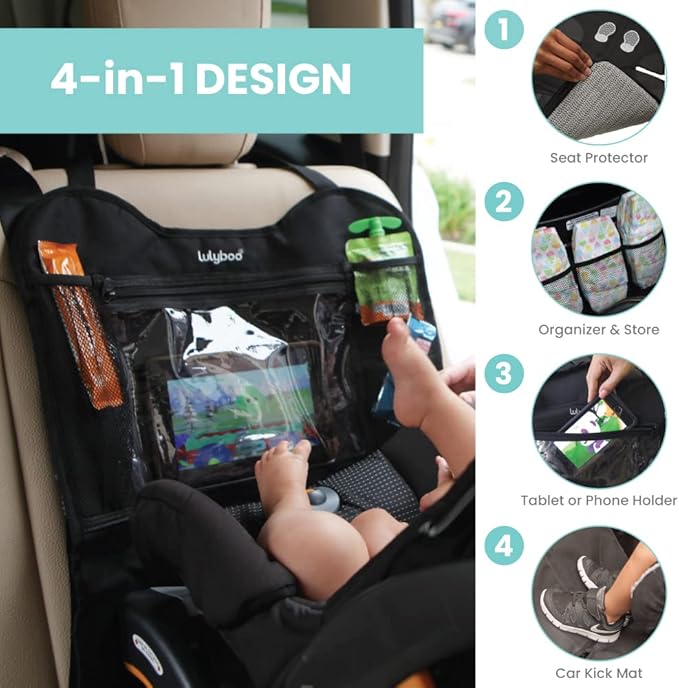 Lulyboo Car Seat Protector & Organizer for Baby & Toddler - Back Seat Storage, Kick Mat with Tablet Holder, Toys & Essentials, Fits All Vehicles, Durable Nylon, Black