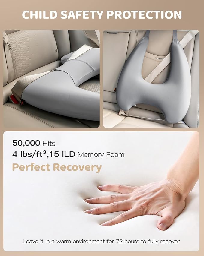 Memory Foam Kids Travel Pillow, Car Pillow for Kids, H-Shape Car Pillows for Sleeping, Removable Pillowcase, Adjustable, Porous Dots, Grey