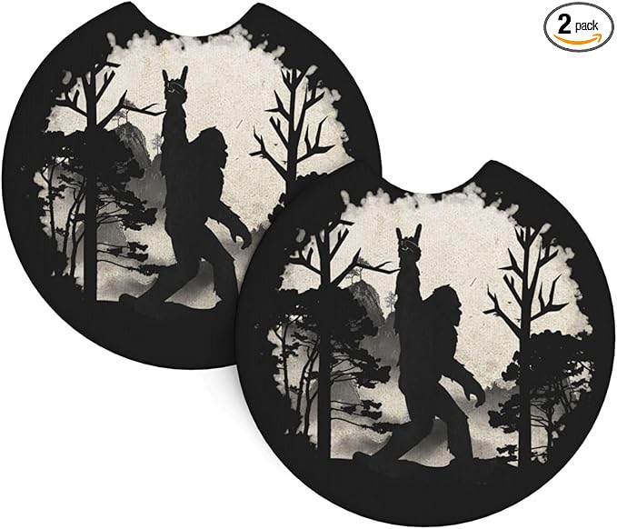 Sasquatch Bigfoot Trees Forest Car Coasters for Cup Holders Pack of 2 Neoprene Cup Mat Pad Vehicle Interior Accessories for Men Women