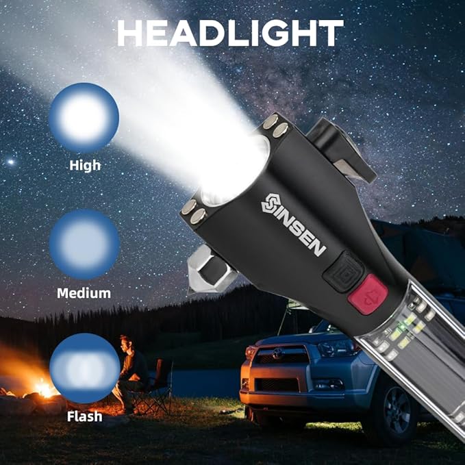 SINSEN Car Safety Hammer Flashlight, Tactical Emergency Rescue Tool, LED High Lumens Rechargeable Solar Powered Escape Kit, Window Glass Breaker and Seatbelt Cutter, Self Defense Multi-Function Torch