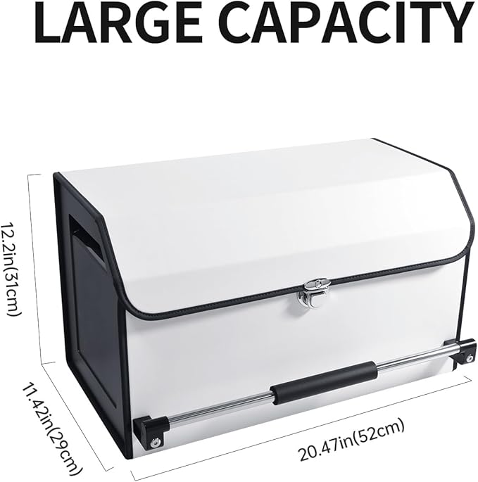 Car Trunk Organizer, Leather Collapsible Trunk Organizer for suv with Lid and Push-pull Handle Car Trunk Storage Organizer for Cars, SUV, Minivan, Truck, Sedan (White)