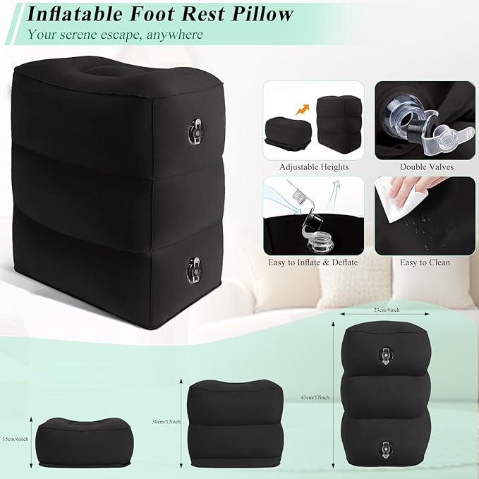 TheClover Airplane Foot Rest for Long Flight - Inflatable Foot Rest for Under Desk,Kids Car Foot Rest Bed,Portable 3-Height Foot Cushion,Lightweight Travel Leg Rest for Airplanes,Trains,Office & Home