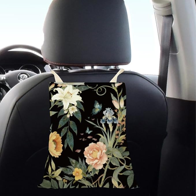Car Trash Can Rose Floral Car Trash Bag Hanging Vintage Flowers Pattern Polyester Washable Waterproof Cute Organizer Storage Can for Vehicle Interior Travel Accessories Reusable Leak Proof