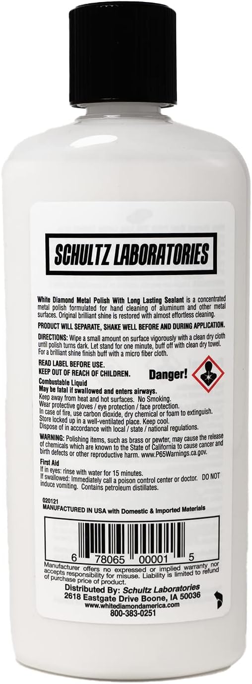 Schultz Laboratories Metal Polish with Long Lasting Sealant, 12 fl oz is a Cleaner, Polisher and protectant All in one. Removes Oxidation and Discoloration from Aluminum, Brass, Chrome and More