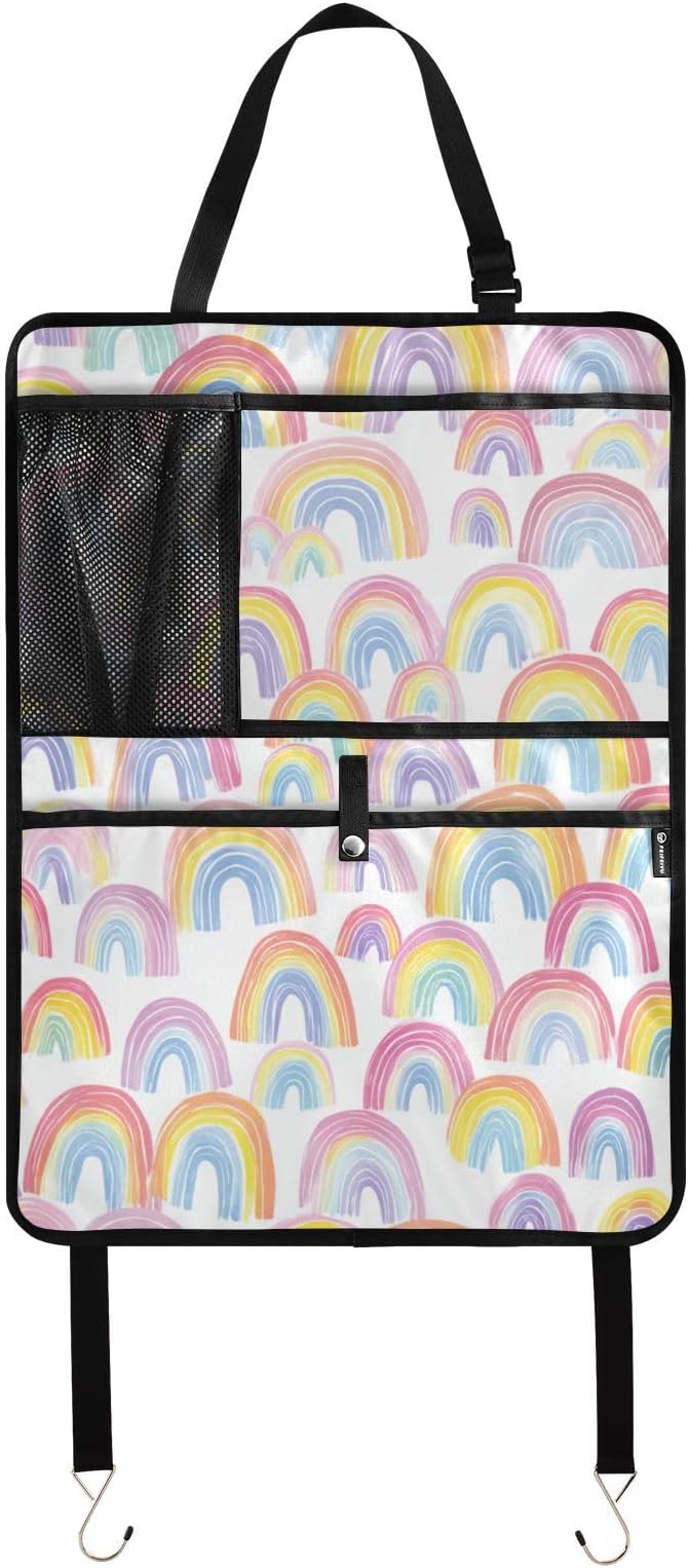 1 Pack Back Seat Car Organizer with Storage Pockets Kick Mats Back Seat Protector Hanging Car Organizer Automotive Seat Back Cover Organizers Gradient Cute Rainbows