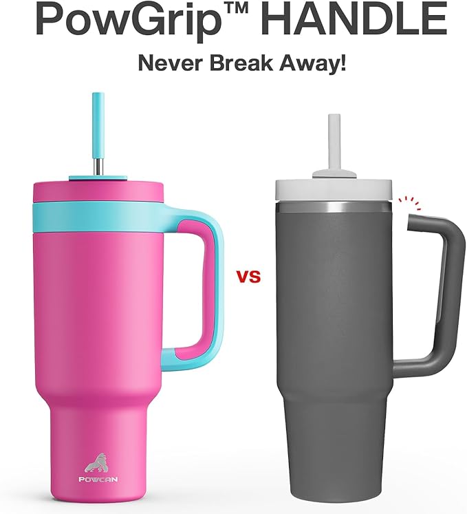 POWCAN 40 oz Tumbler with Handle, 2-in-1 Straw and Sip Lid, Leakproof, Dishwasher Safe, Insulated Stainless Steel Travel Coffee Mug, Keeps Cold for 34 Hours, Fits in Car Cup Holder (Petal)