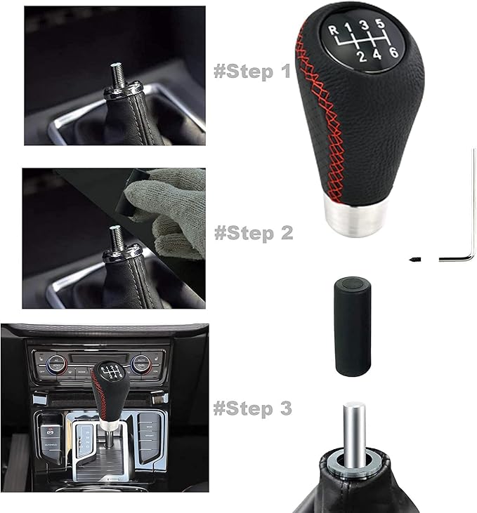 Lunsom 6 Speed Manual Shifter Knob PU Gear Shift Handle Leather Car Shifting Lever Head Accessories Fit Most Vehicle (Red Suture)