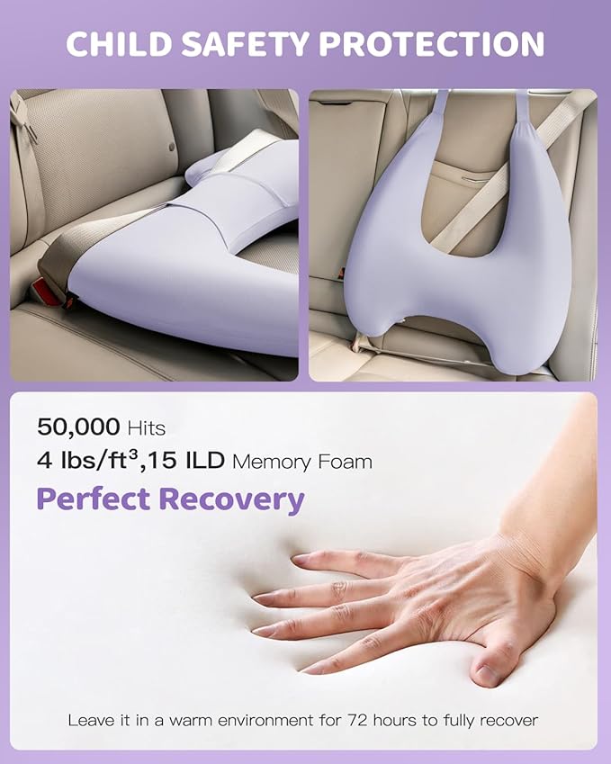 Memory Foam Kids Travel Pillow, Car Pillow for Kids, H-Shape Car Pillows for Sleeping, Removable Pillowcase, Adjustable, Porous Dots, Purple