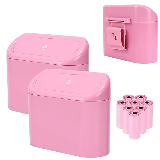 Ginsco 2 Pack Mini Car Trash Can with Lid, Small Car Garbage Can, Cute Leakproof ABS Trash Bin, Auto Accessories for Interior, Garbage Bin for Home, Office with 120pcs Trash Bags Pink