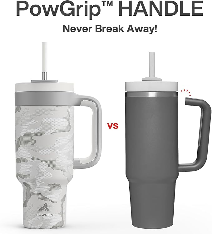 POWCAN 40 oz Camo Tumbler with Handle, 2-in-1 Straw and Sip Lid, Leakproof, Dishwasher Safe, Insulated Stainless Steel Travel Coffee Mug, Keeps Cold for 34 Hours, Car Cup Holder Fit (Clouded Aspen)