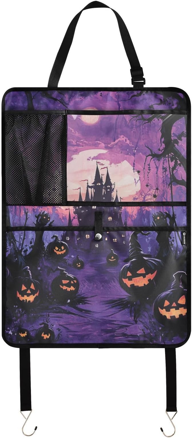 Purple Halloween Bat Pumpkin 1 Pack Backseat Car Organizer with Storage Pockets Seat Back Organizers for Kids Kick Mats Backseat Protector Automotive