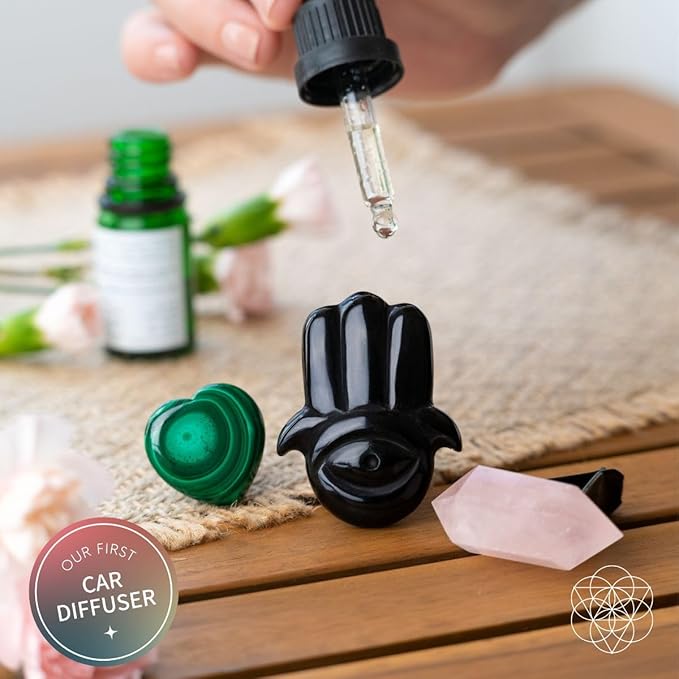 Conscious Items Hamsa Hand of Safe Travels Aromatherapy Crystal Car Kit, Car Vent Clips with Black Obsidian, Rose Quartz, & Green Malachite Crystals for Calm, Protection & Beautiful Drives