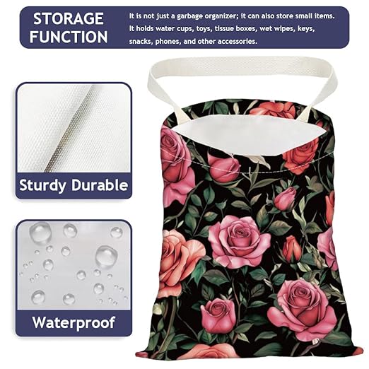 Rose Floral Print Car Trash Bag Hanging Garbage Bag with Snap Buttons Car-Back Seat Trash Storage Portable Dustbin for Car Interior Accessories Travel Camping