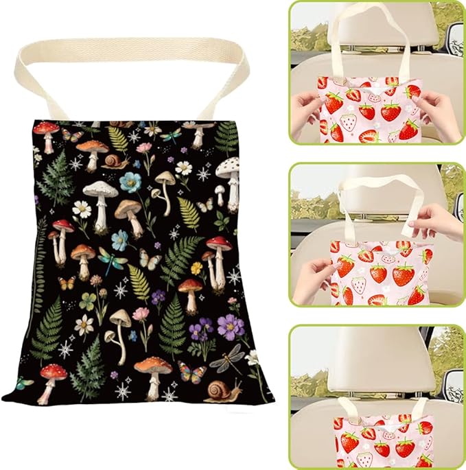 Mushroom Car Trash Can Floral Car Trash Bag Hanging Plants Snails Pattern Polyester Washable Waterproof Organizer Storage Can for Vehicle Interior Travel Accessories Reusable Leak Proof