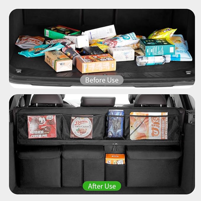 Hanging Car Trunk Organizer, Collapsible Backseat Storage Bag with 8 Large Pockets for Medium or Large Size SUV, Truck, MPV, Car Interior Accessories (Black)