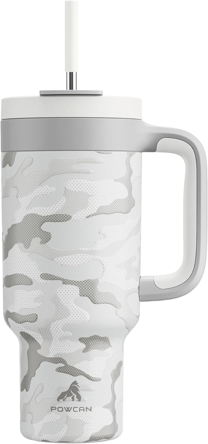 POWCAN 40 oz Camo Tumbler with Handle, 2-in-1 Straw and Sip Lid, Leakproof, Dishwasher Safe, Insulated Stainless Steel Travel Coffee Mug, Keeps Cold for 34 Hours, Car Cup Holder Fit (Clouded Aspen)