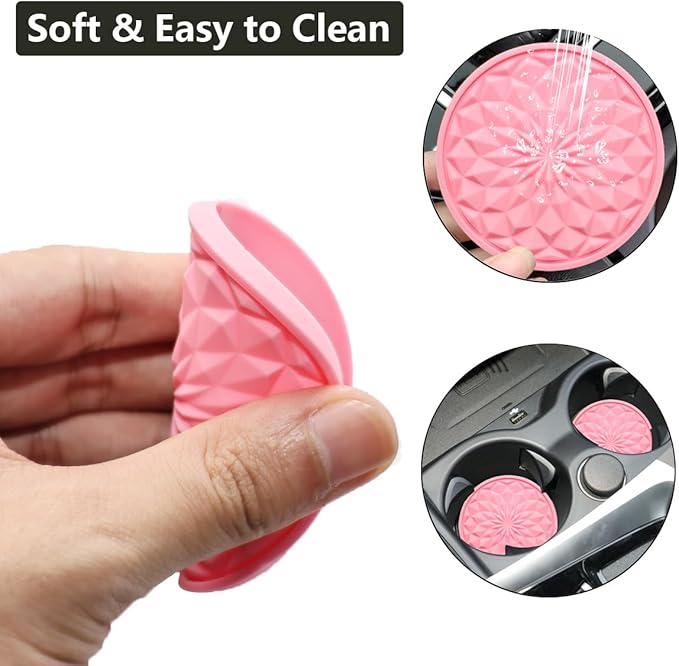 Car Cup Coaster, Universal Automotive Waterproof Non-Slip Cup Holders Sift-Proof Spill Holder Car Interior Accessories 2 Pack Pink