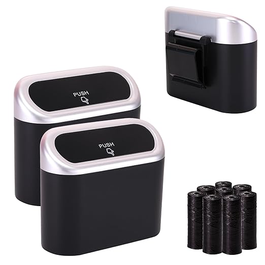 Ginsco Mini Car Trash Can with Lid, Small Car Garbage Can, Cute Leakproof ABS Car Trash Bin, Car Accessories for Interior, Garbage Bin for Car, Home, Office with 120pcs Trash Bags Black/Silver