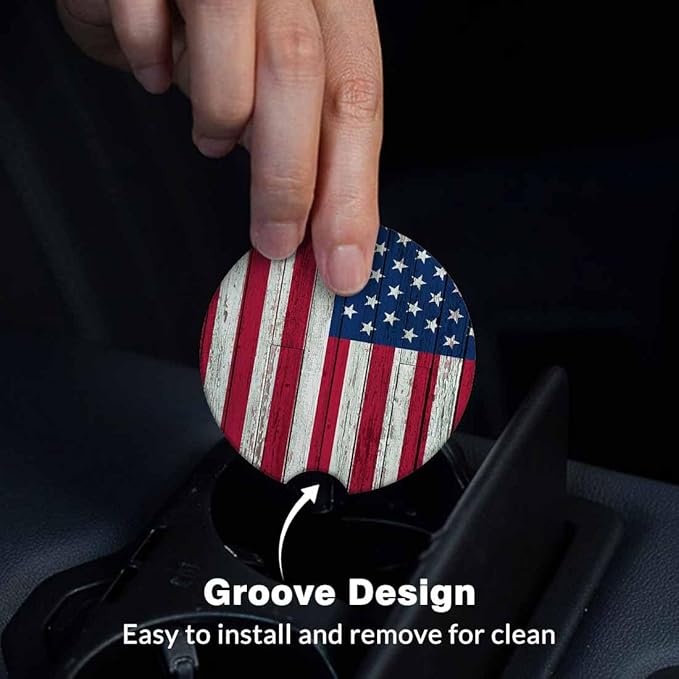 Patriotic Car Coasters for Cup Holders Flag Stars Stripes Graffiti Car Cup Holder Coasters 2 Pack for Car, Anti Slip Ceramic Car Cup Mat with Finger Notch Cute Car Interior Accessories for Women Men
