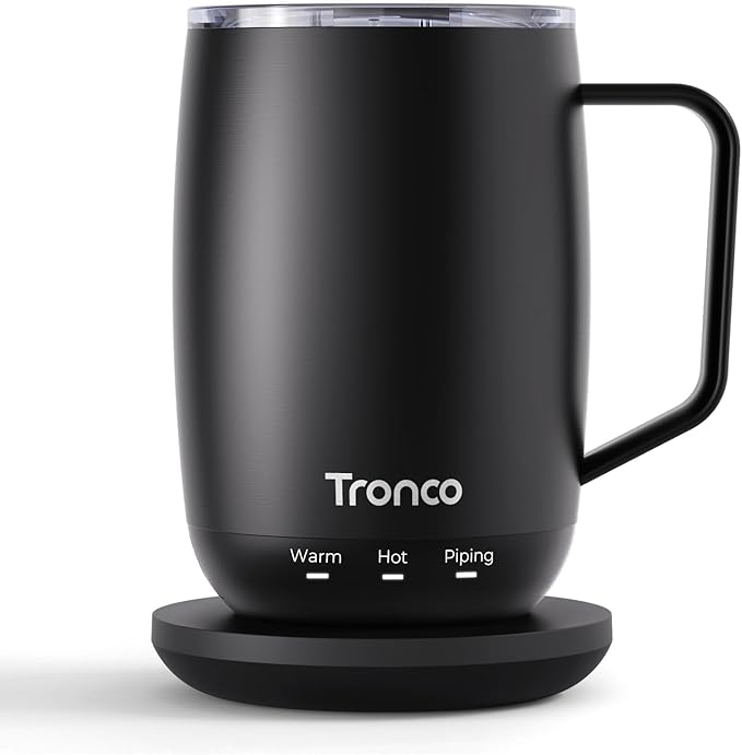 Tronco Temperature Control Heated Coffee Mug 14 oz – Rechargeable Self-Heating Smart Mug with Lid – Manual Control, 3 Modes, 130 Min Battery Life, Auto Shut-Off (Black)