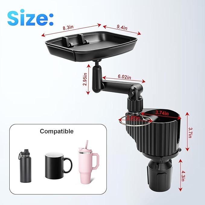 Car Cup Holder Tray Table 10-inch Car Food Tray Portable 4-in-1 Car Cup Holder Extender 360° Rotating with Phone Holder Essential for Road Trips