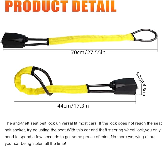 DualGuard Car Steering Wheel & Seat Belt Lock - 17" Universal Anti-Theft Device for Vehicles, SUVs, Golf Carts | Compact & Lightweight Security Lock with Multi-Function Keys (Yellow)
