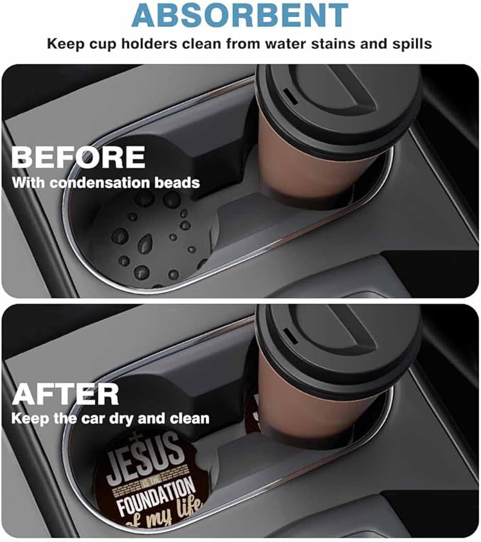 Foundation of My Life Car Cup Holder Coaster 2 Pack Absorbent Ceramic Car Coasters for Cup Holders Car Accessories Interior Universal Anti Slip Cork Base Cup Coasters with Finger Notch