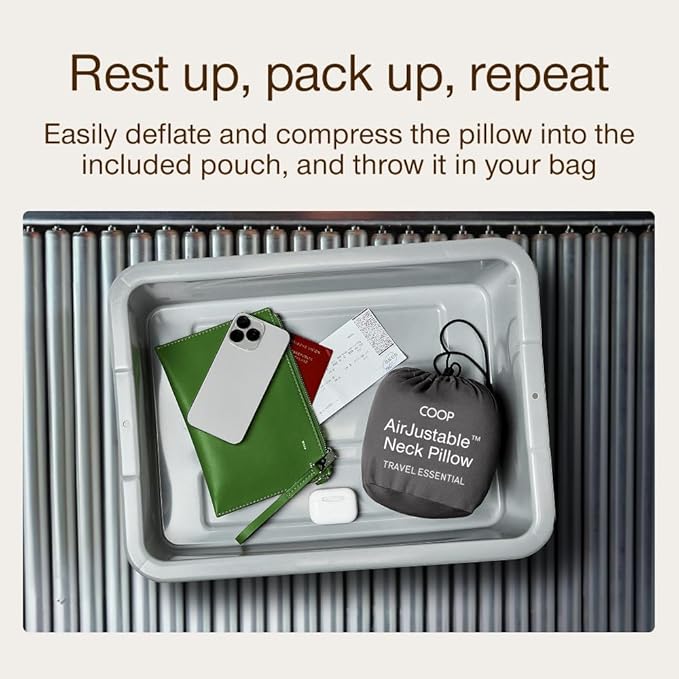 Coop Home Goods AirJustable Travel Neck Pillow, Inflatable, Adjustable Support for Neck & Chin, Compact Travel Pillow, Soft Memory Foam Comfort, Airplane Travel Essentials, Cooling & Washable Cover