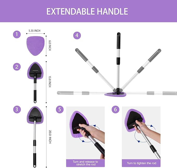 10pcs Windshield Cleaner Tool, Car Window Cleaning Wash Kit with 4 Reusable Microfiber Pads 1 Spray Bottle and Extendable Handle Auto Glass Wiper Kit, Purple