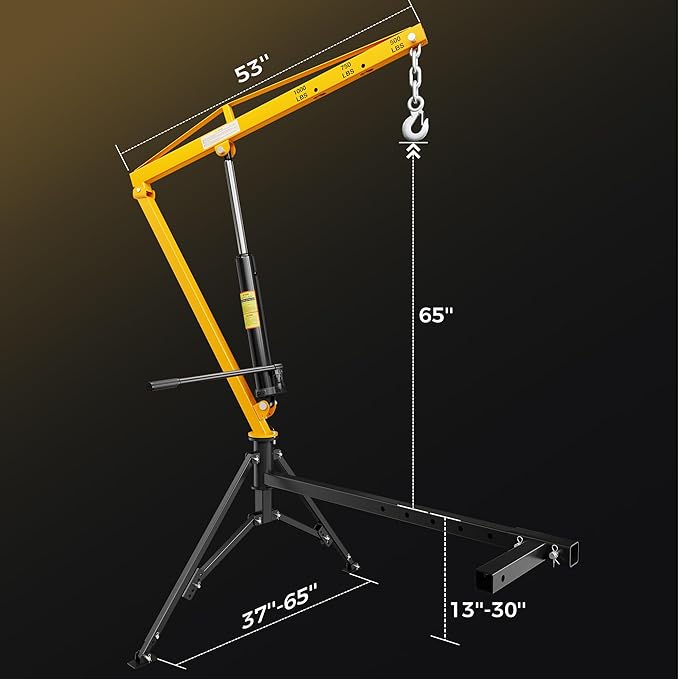 1000lbs Receiver Hitch Mounted Hydraulic 360° Swivel Truck Crane with 3 Boom Capacity Options: 500lbs, 750lbs, 1000lbs. Ideal for Workshops, Construction, Agriculture, and Logging,Yellow