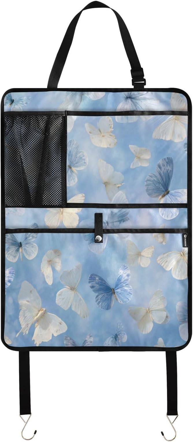 1 Pack Back Seat Car Organizer with Storage Pockets Kick Mats Back Seat Protector Hanging Car Organizer Automotive Seat Back Cover Organizers Sky Blue and White Butterflies