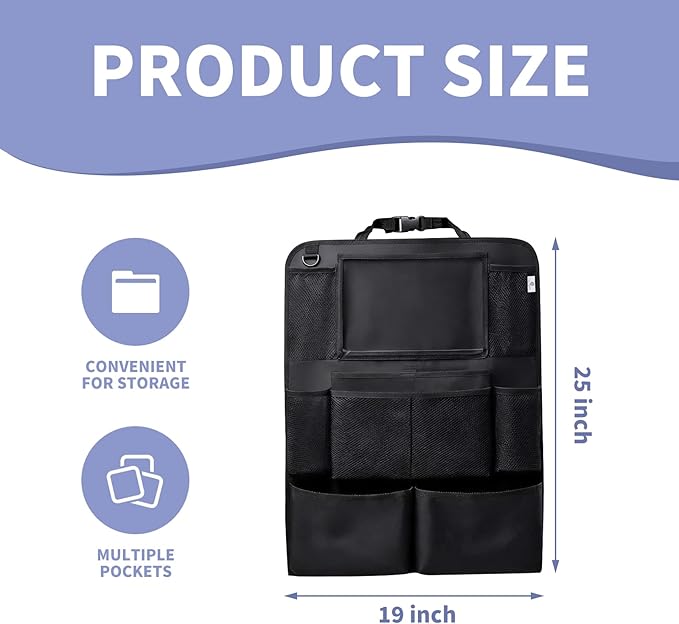 1 piece Car Back Seat Organizer with Tablet Holder, Premium 600D Oxford Fabric, 25x19 inch, 9 Storage Pockets, Waterproof, Tear Proof, Black