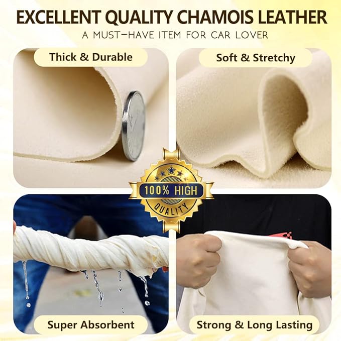 Chamois Cloth for Car 20'' x 27.6'' (3.7 sq ft) Shammy Towel Car Wash Drying Towel Absorbent Real Leather Lint Free Streak Free Cleaning Cloth