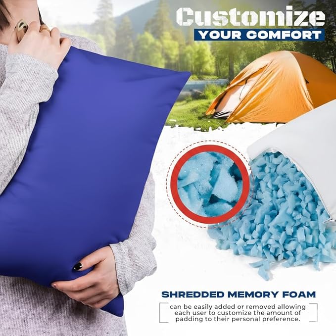 Therapeutic Camping Travel Pillow – Shredded Small Memory Foam Pillow for Deployments, Airplanes, and Car Trips – Ideal Size for Sleeping, Backpacking, Portable Camp Gear - Blurple Color