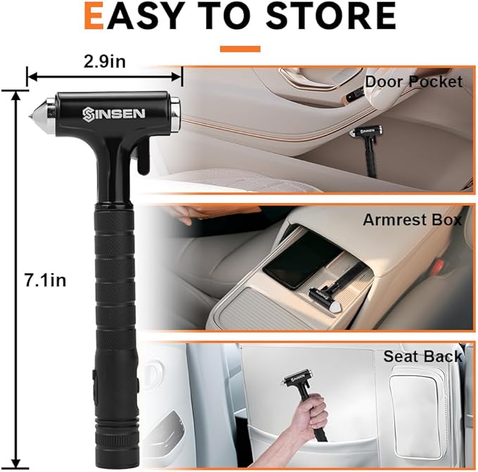 SINSEN Automotive Escape Tool, Window Breaker Seatbelt Cutter, Car Flashlight Safety Hammer, Emergency Kit Self Defense Accessories, Multifunction 4-in-1 Auto Tactical Gear, Rechargeable Powered Led