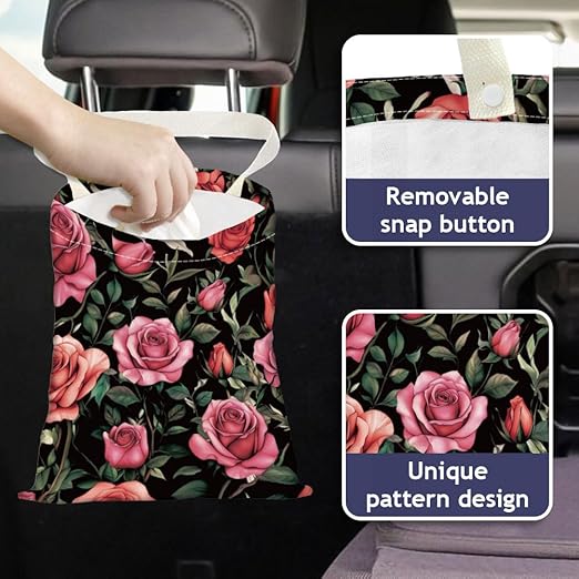Rose Floral Print Car Trash Bag Hanging Garbage Bag with Snap Buttons Car-Back Seat Trash Storage Portable Dustbin for Car Interior Accessories Travel Camping