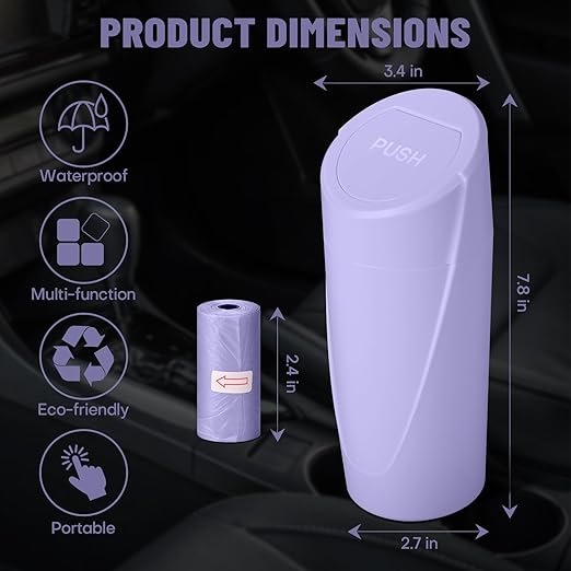 Car Trash Can Bin with Lid - Car Garbage Can Cup Holder - Light Purple Mini Leakproof Vehicle Garbage Bin with 20pcs Trash Bags-Automotive Organizers and Storage for Front Back Seat Accessories