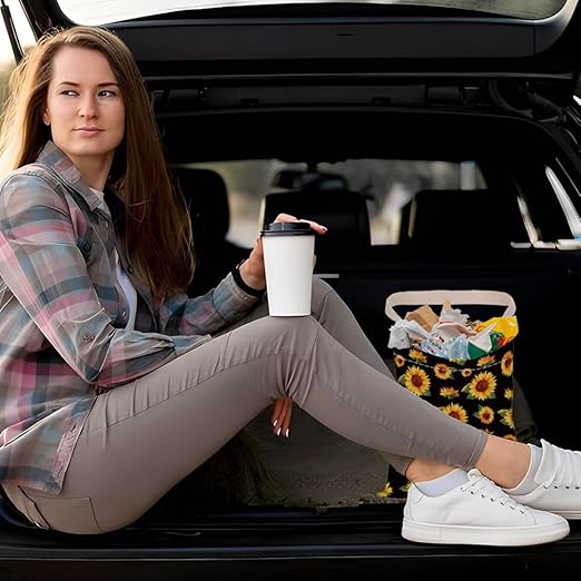 Sunflower Print Car Trash Bag Hanging Garbage Bag with Snap Buttons Car-Back Seat Trash Storage Portable Dustbin for Car Interior Accessories Travel Camping