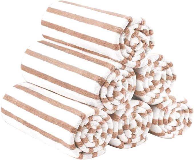 JML Microfiber Beach Towels, Large Bath Towel Set for Adult, 6 Pack, 27" x 55" - Cabana Stripe - Absorbent, Quick Dry Lint-Free, No Fading for Party, Hair Wrap, Pool, Sport, Yoga, Swimming, Coffee