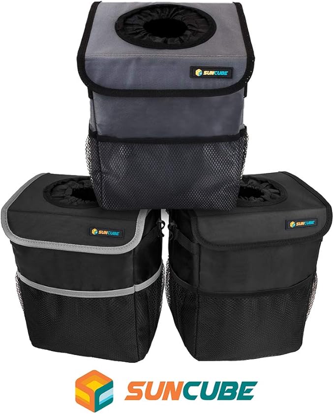 SUN CUBE Waterproof Car Trash Can with Lid, Mesh Pockets | Leakproof Car Garbage Can Hanging | Auto Trash Bin, Garbage Bag Organizer for Headrest, Console, Truck (Black)