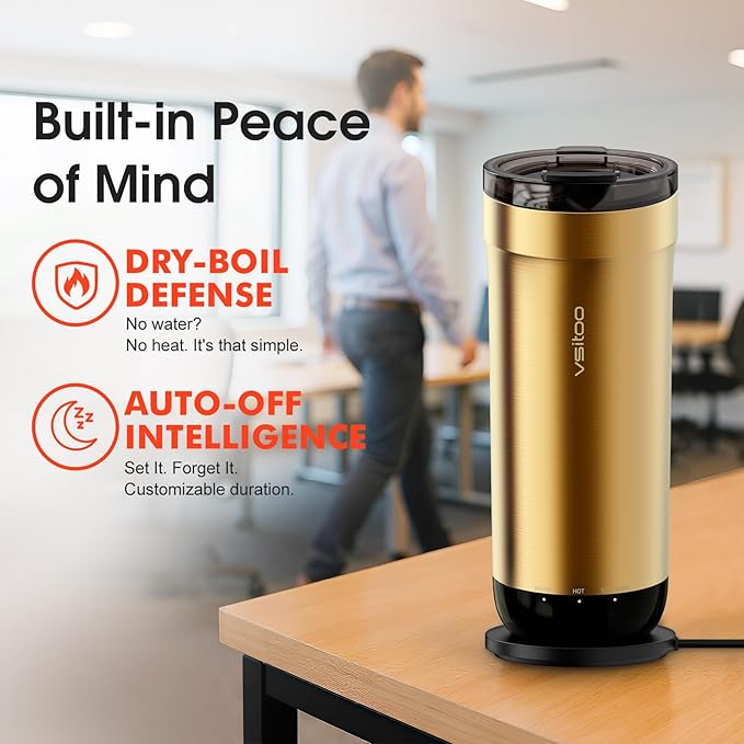 VSITOO S5 heated travel mug,16oz, Auto-Sensing AI Heats Drinks To 120-150°F Hands-Free. Temperature Control for All Cars, Perfect for Home/Office/Travel/Outdoor, Ideal Gift for Coffee Lovers - Gold