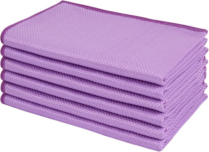 SINLAND Microfiber Glass Cleaning Cloth, 6PK, Lint Free Cleaning Cloths for Window, Car Windows, Mirrors, and Stainless Steel, Glass and Window Cleaner 16x16 Inch Purple