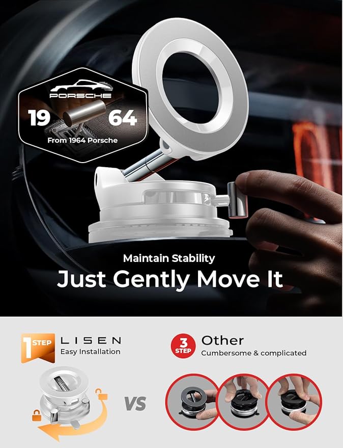 LISEN for Magsafe Car Mount, Magnetic Phone Holders for Your Car, Vacuum Phone Mount for Car Accessories for Men Women, SuctionPro Gifts Kits, Girl Car Accessories, for iPhone 17 Pro Max, White