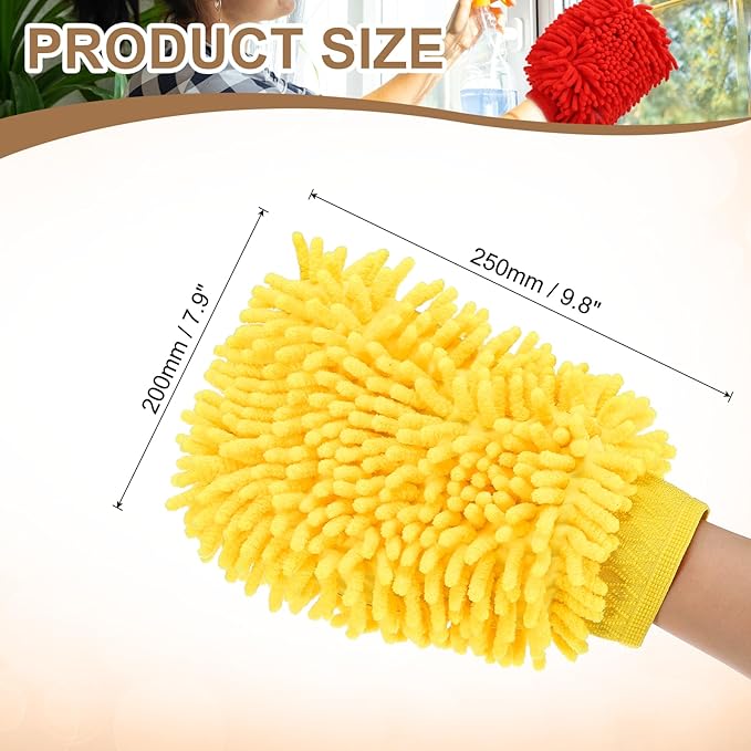 HARFINGTON Premium Chenille Microfiber Car Wash Mitts 9.8" x 7.9" Scratch Free Wash Gloves Absorbent Double Sided Plush Cleaning Drying Mitts for Car Washing Home Yellow