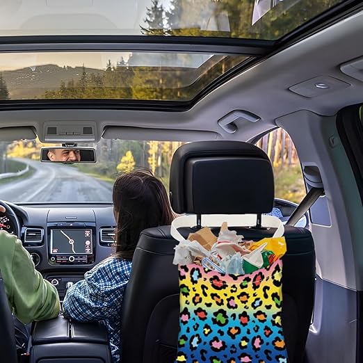 Colorful Leopard Print Car Trash Bag Hanging Garbage Bag with Snap Buttons Car-Back Seat Trash Storage Portable Dustbin for Men Women Car Interior Accessories Travel Camping