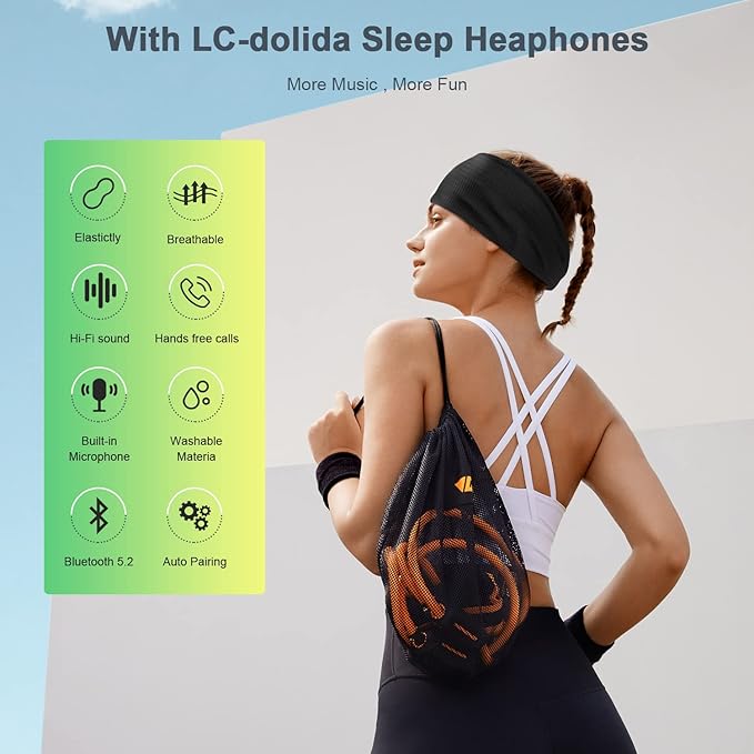 LC-dolida Sleep Headphones Headband Bluetooth 5.4, Headband Earphones Wireless with USB C Charge Port, Sleep Mask for Sleeping, Sports, Gifts, Workout, Jogging, Yoga, Insomnia, Air Travel, Meditation